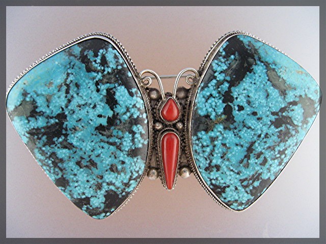 Pendant Pin Sterling Silver Turquoise Coral Butterfly N