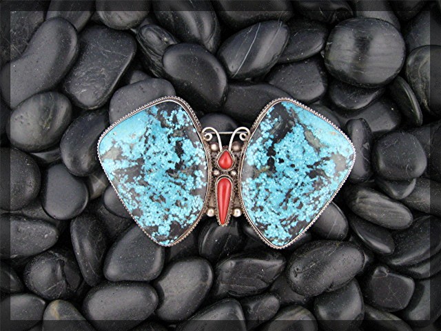 Pendant Pin Sterling Silver Turquoise Coral Butterfly N