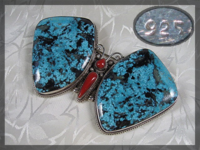 Pendant Pin Sterling Silver Turquoise Coral Butterfly N