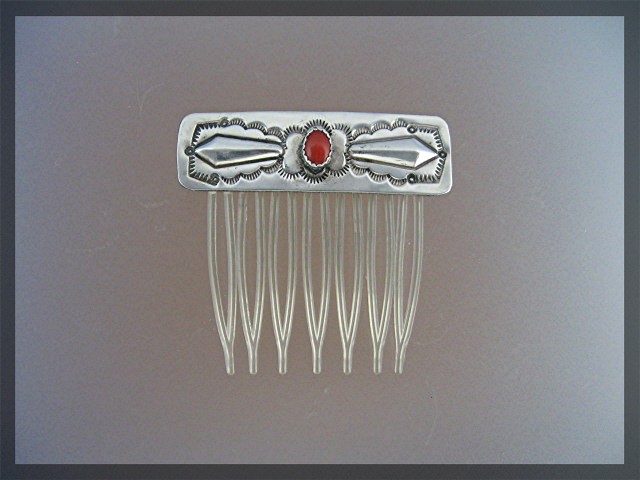 Navajo Mediterranean Coral Sterling Silver Comb Charlie