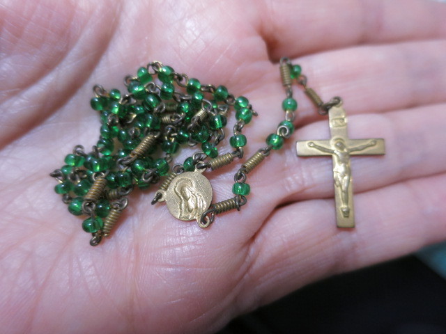 Antique Child's Rosary. Green Glass and Brass tone metal