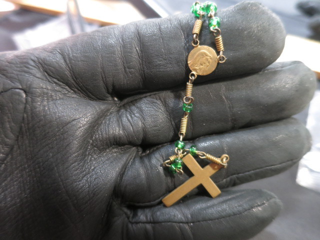 Antique Child's Rosary. Green Glass and Brass tone metal