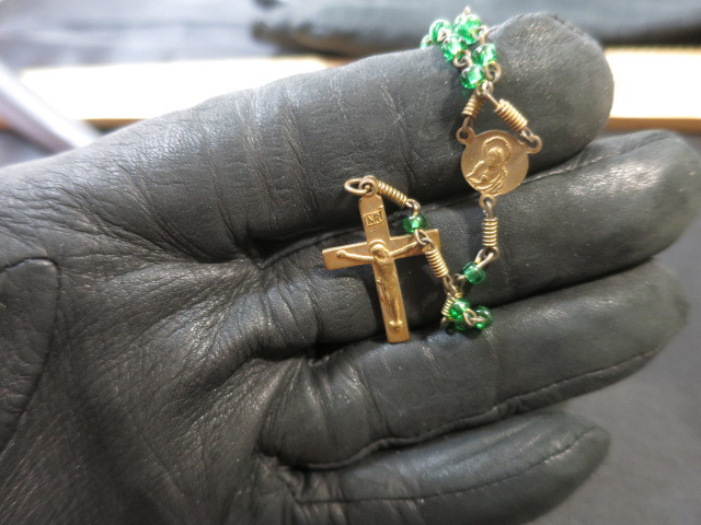 Antique Child's Rosary. Green Glass and Brass tone metal