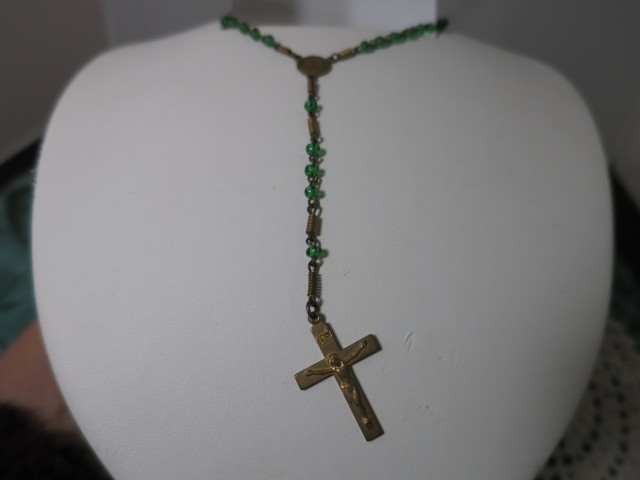 Antique Child's Rosary. Green Glass and Brass tone metal