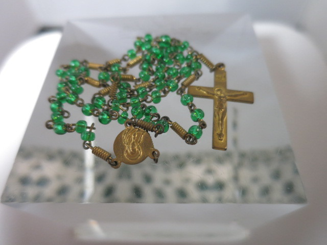 Antique Child's Rosary. Green Glass and Brass tone metal