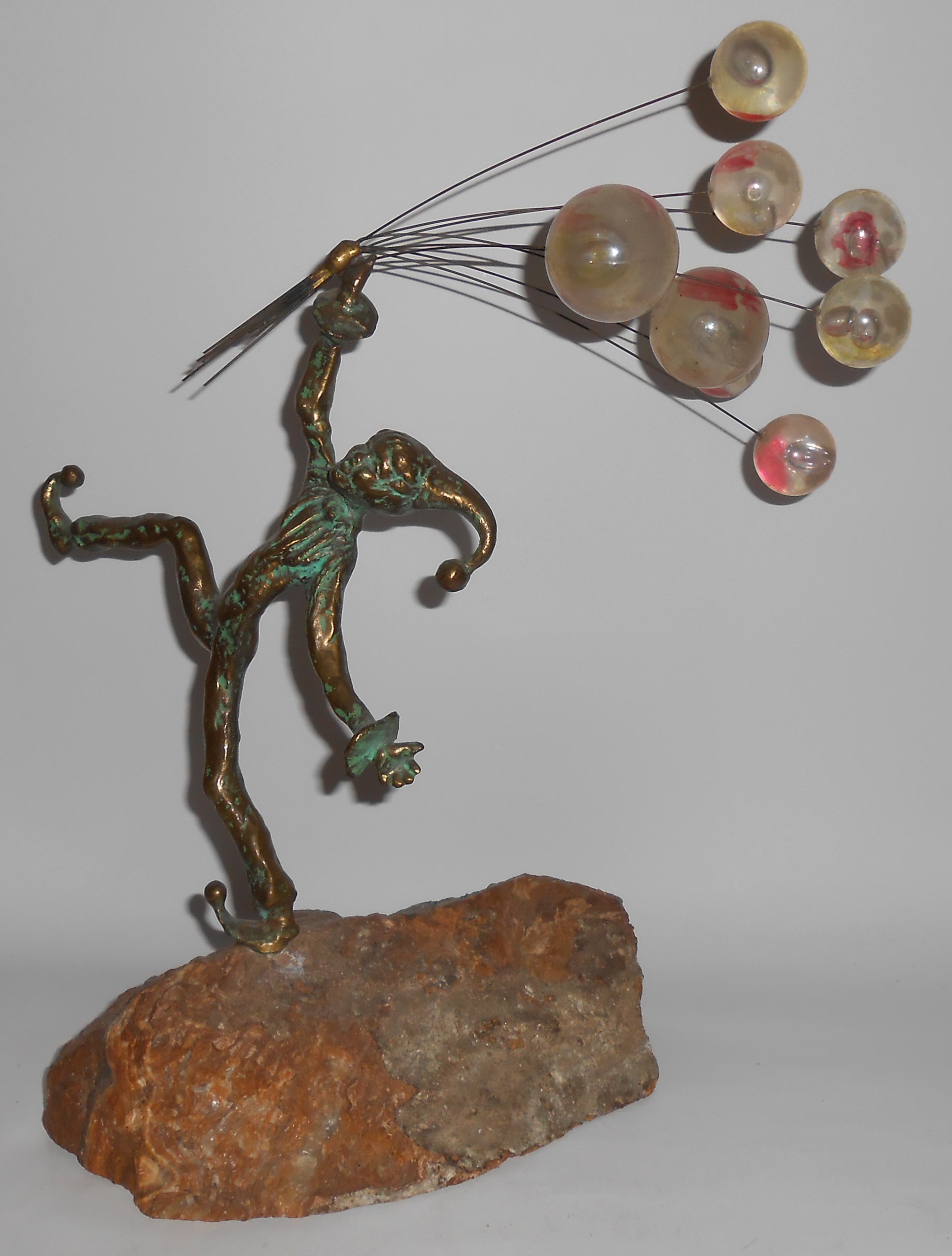 Bijan Art Metal Jester W/Balloons Sculpture On Quartz