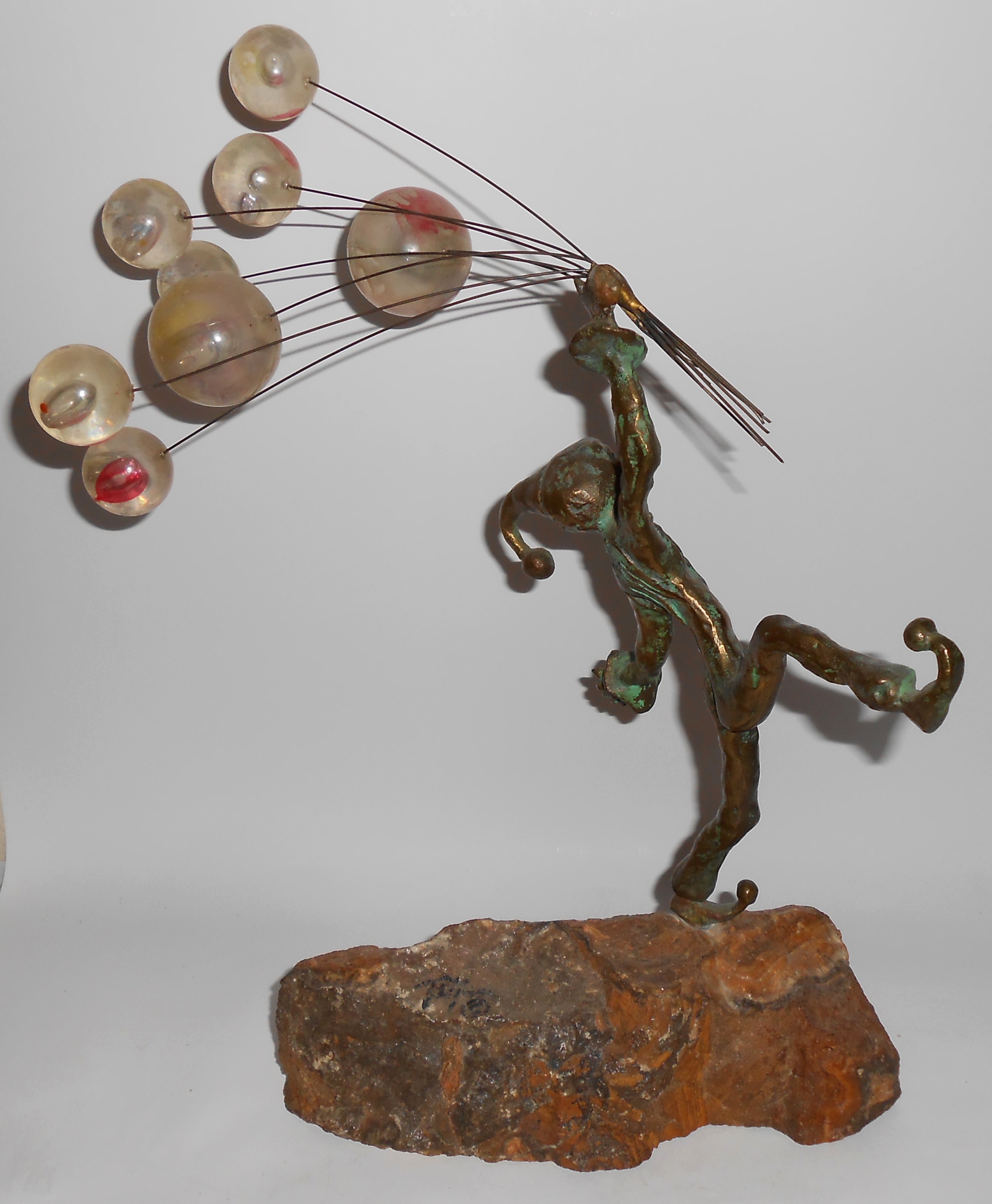 Bijan Art Metal Jester W/Balloons Sculpture On Quartz