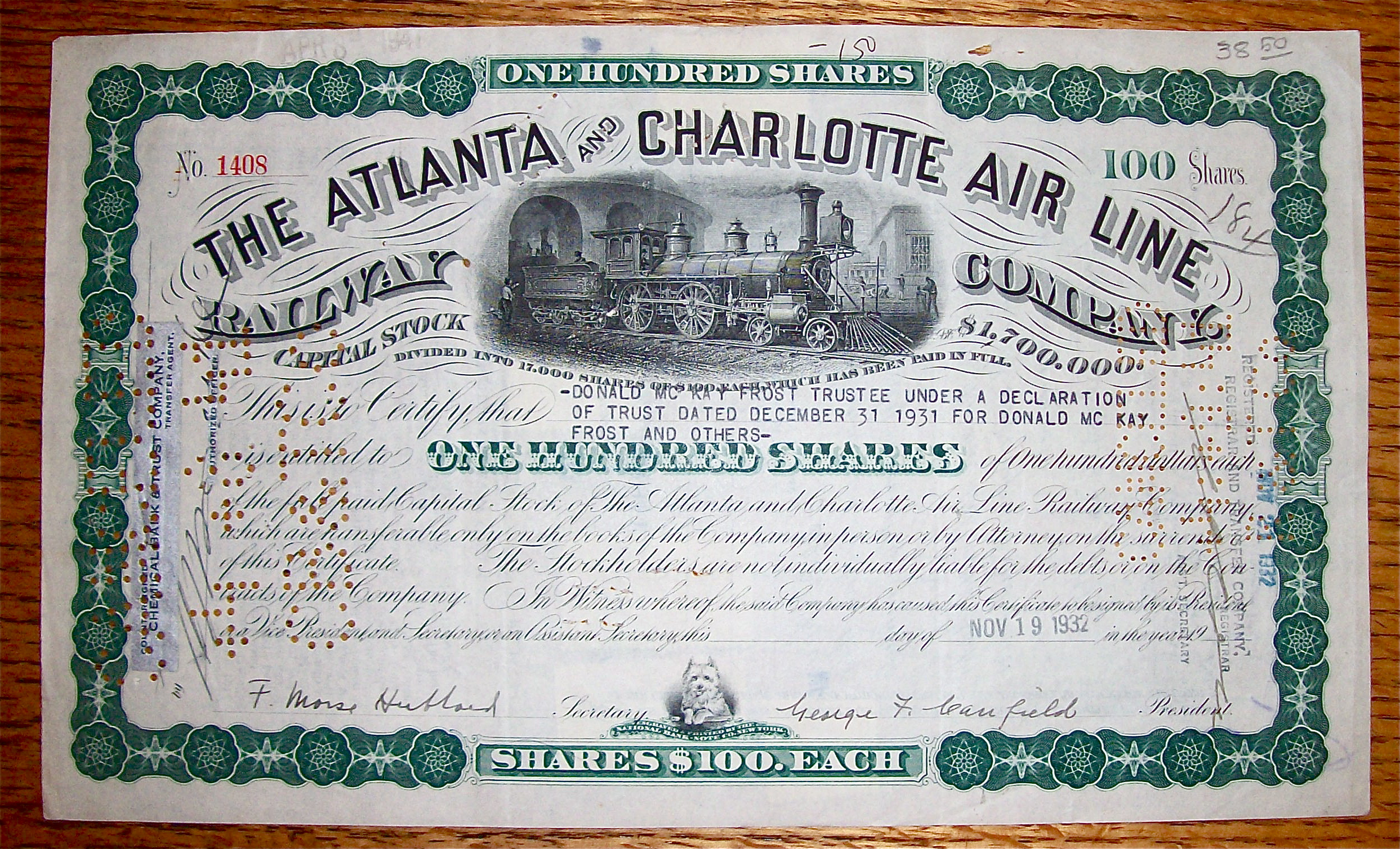 1932 Atlanta & Charlotte Air Line Railway Company Stock