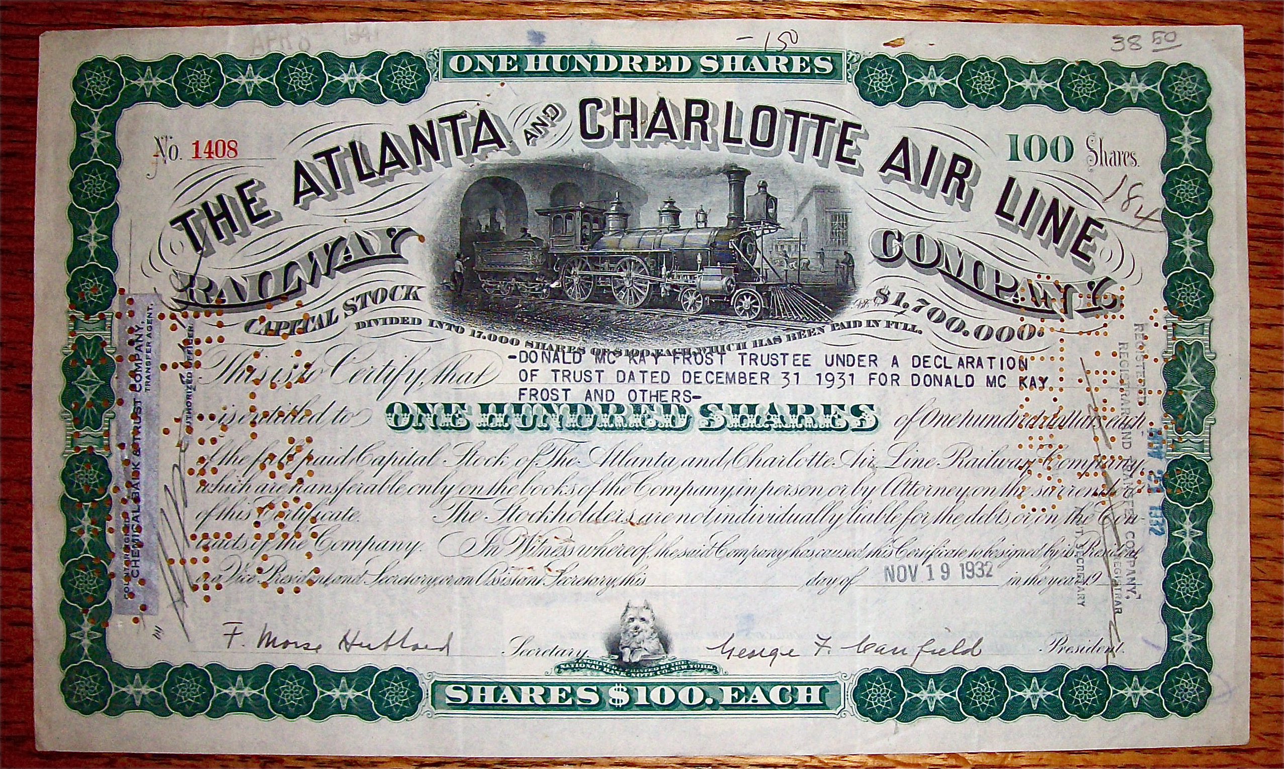 1932 Atlanta & Charlotte Air Line Railway Company Stock