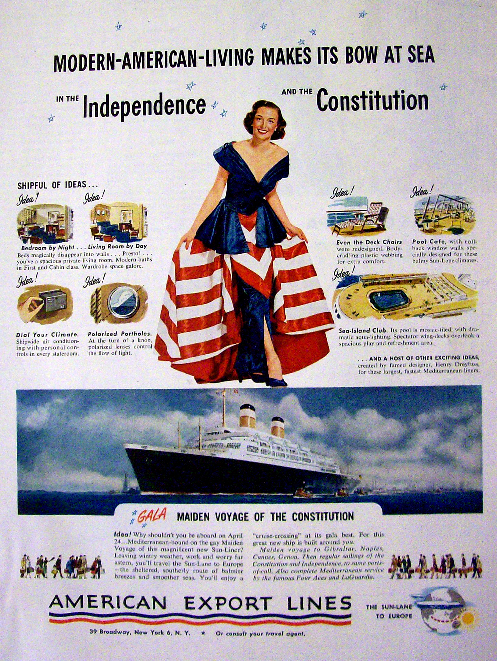 1951 American Export Lines w/ Woman In Patriotic Dress