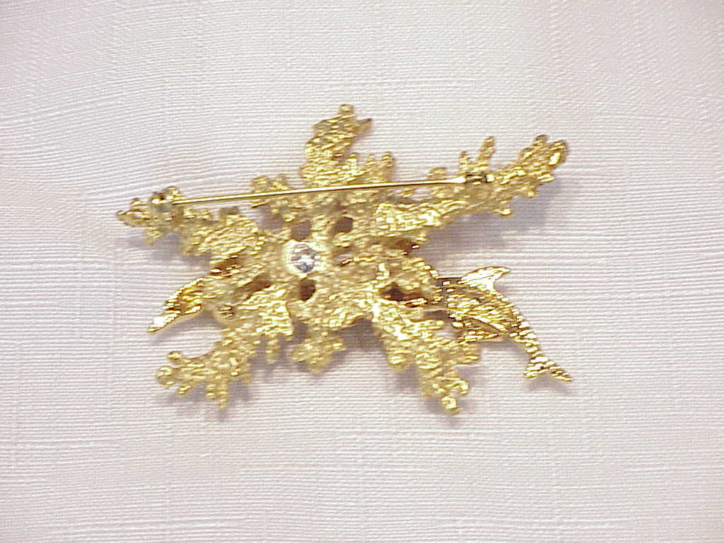 Dolphins Swimming Over Coral Gold Tone Brooch