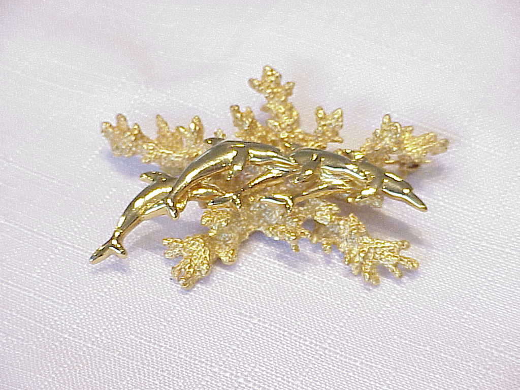 Dolphins Swimming Over Coral Gold Tone Brooch