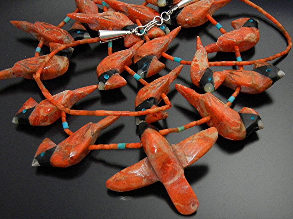 Carved Apple Coral Fetish Birds Matt Mitchell Turquoise