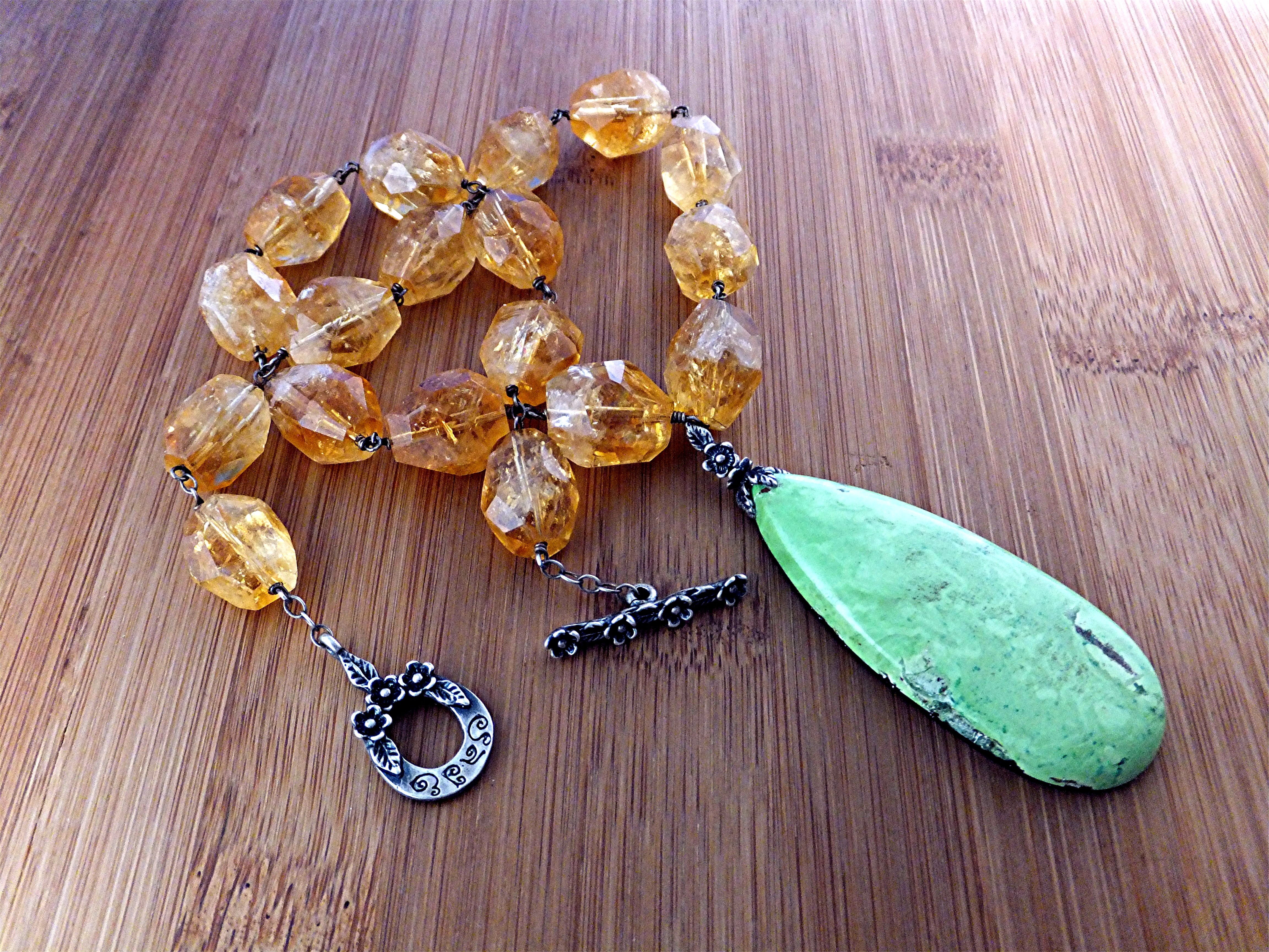 Citrine Sterling Silver Jade Signed SAJE Necklace