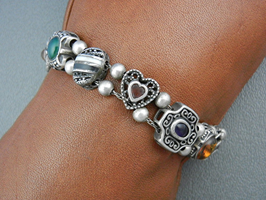 Bracelet Sterling Silver 9 Slides Vintage Signed M
