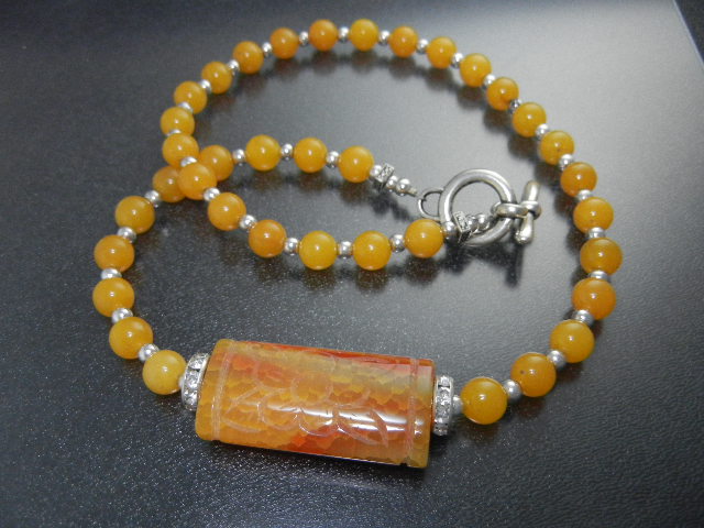 Carved Carnelian and Crystals Silver Toggle Necklace