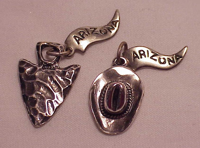 2 Arizona Souvenir Travel Sterling Silver Charms Cowboy Hat, Arrowhead