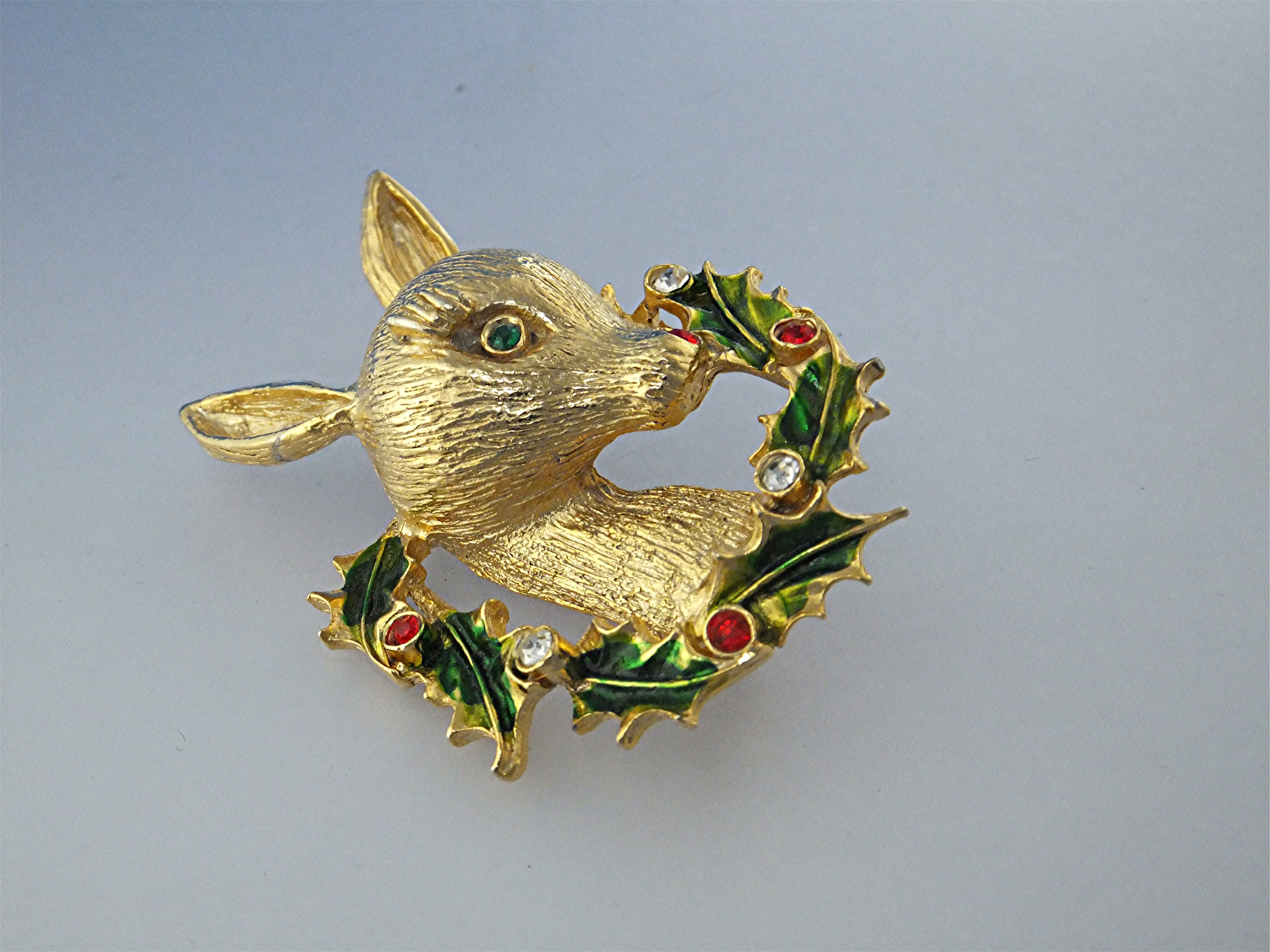 Brooch Pin Christmas Rudolph Wreath Signed