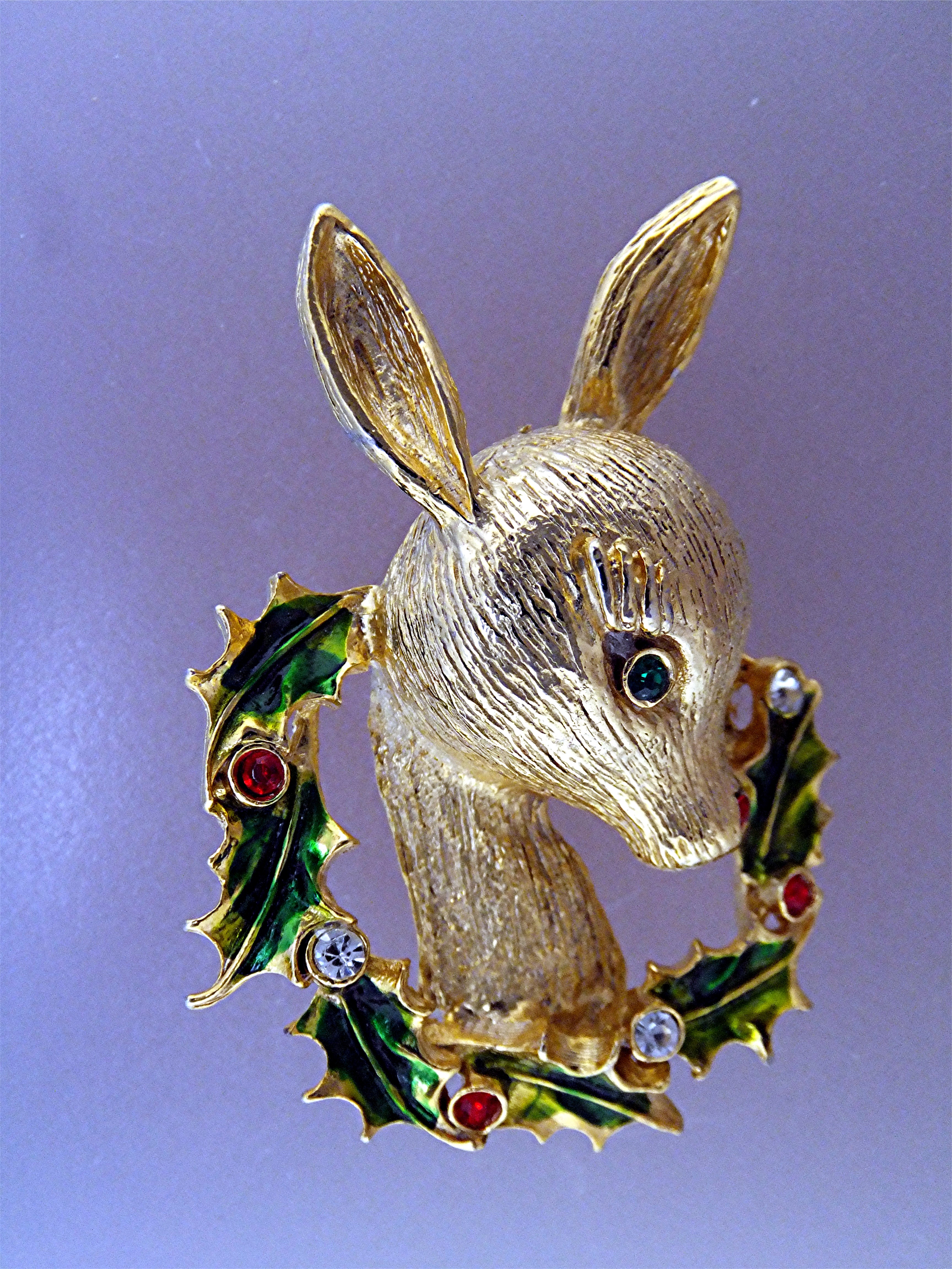Brooch Pin Christmas Rudolph Wreath Signed