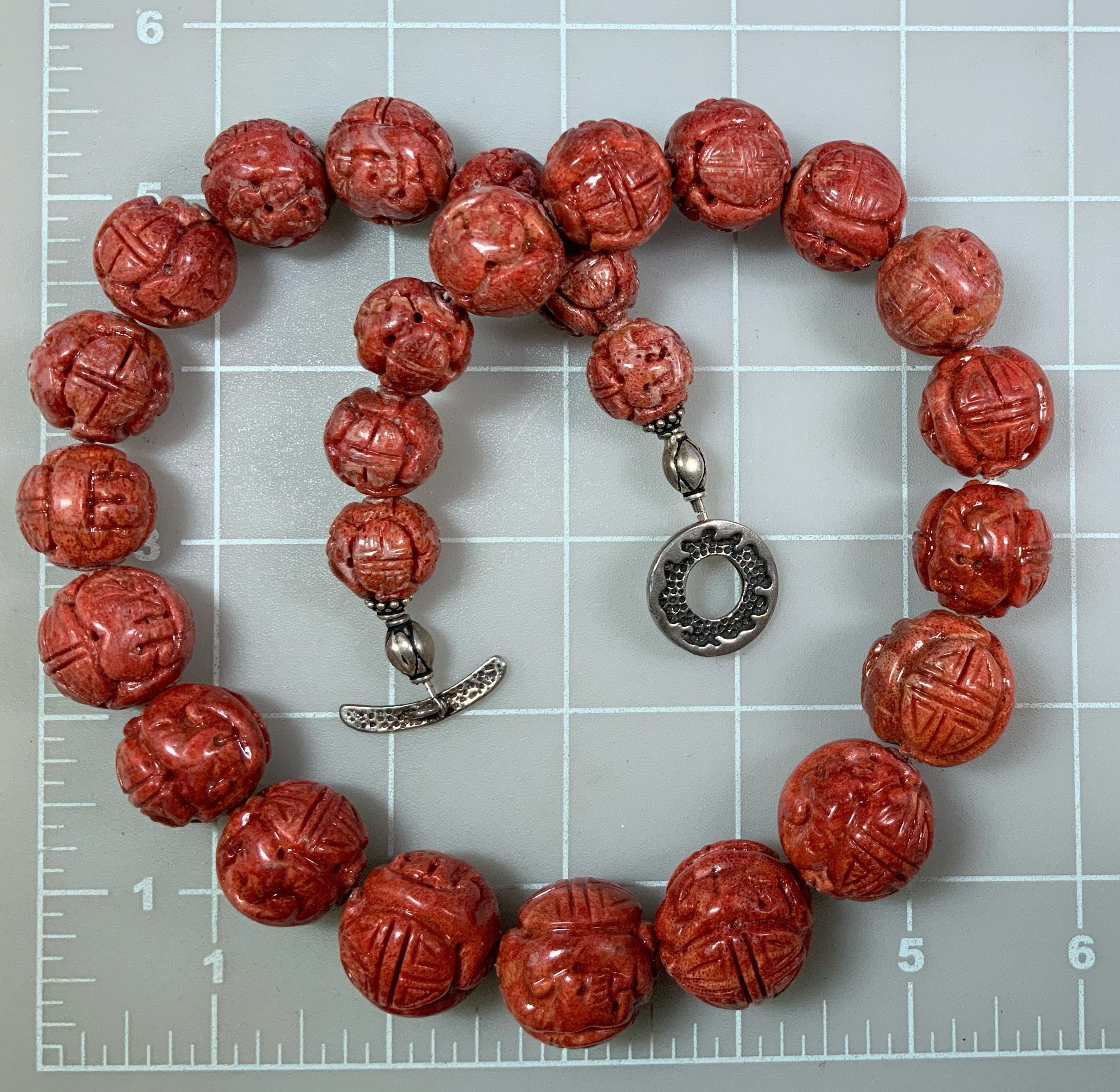Carved Coral Graduated Necklace Sterling Silver Toggle