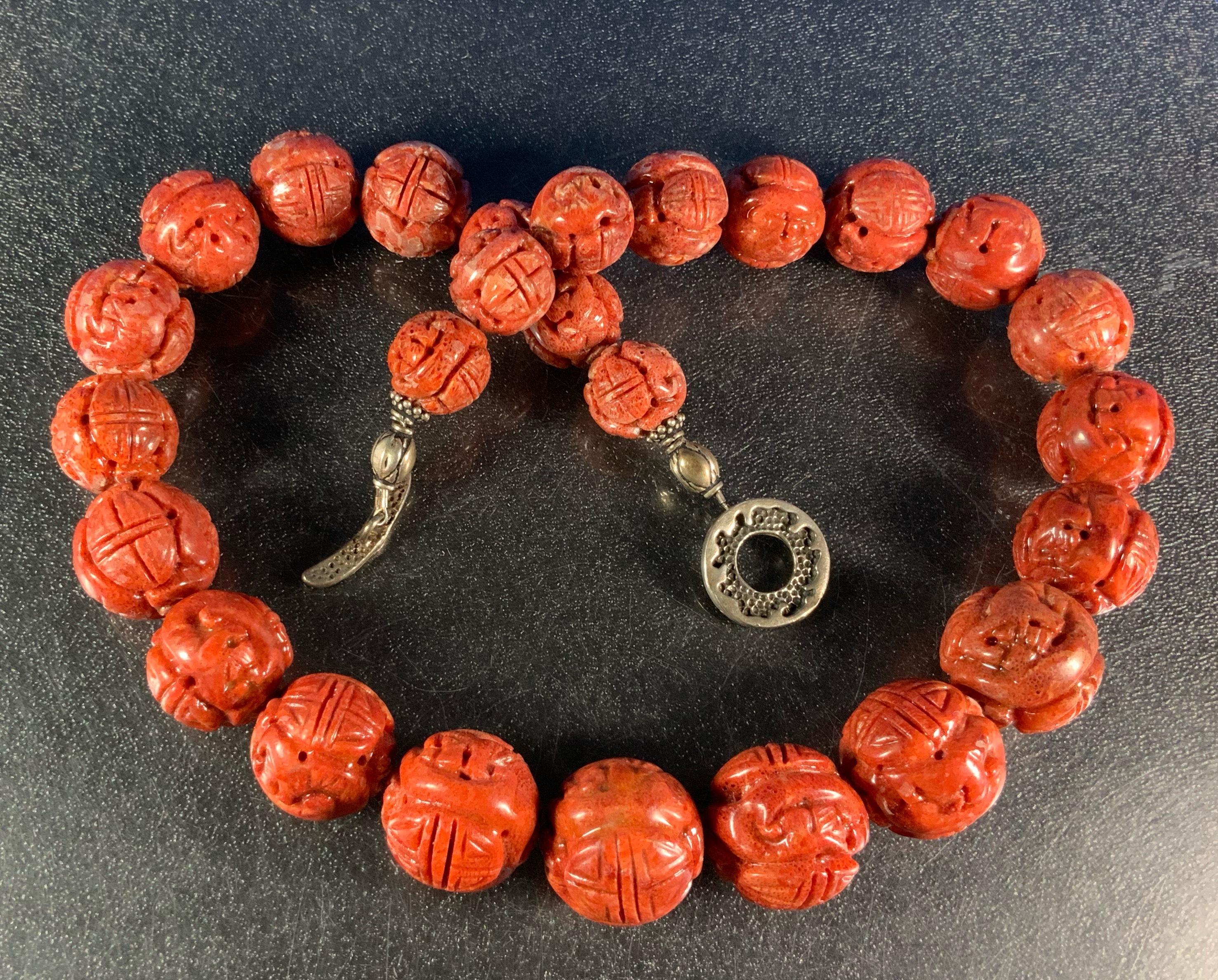 Carved Coral Graduated Necklace Sterling Silver Toggle