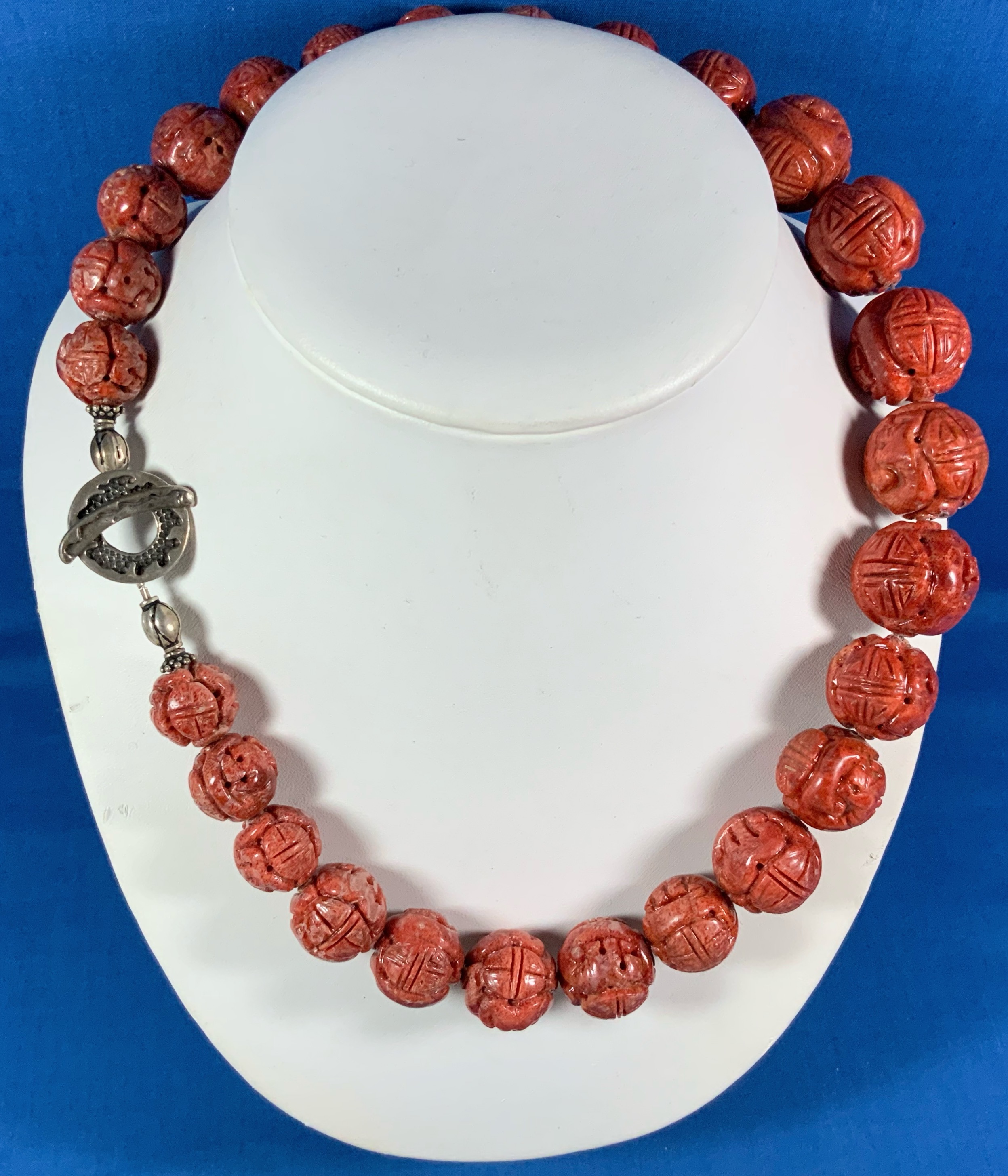 Carved Coral Graduated Necklace Sterling Silver Toggle