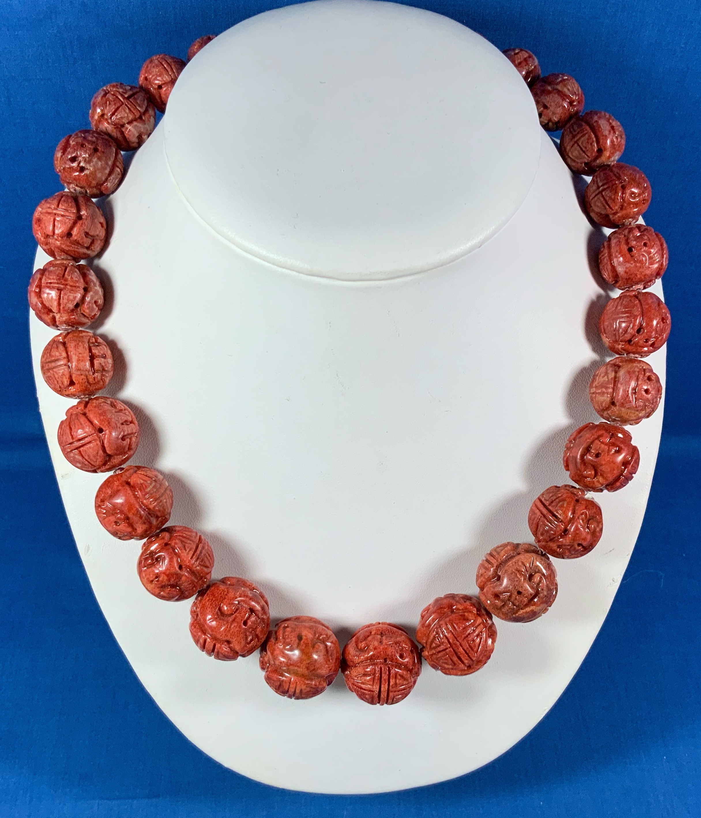 Carved Coral Graduated Necklace Sterling Silver Toggle