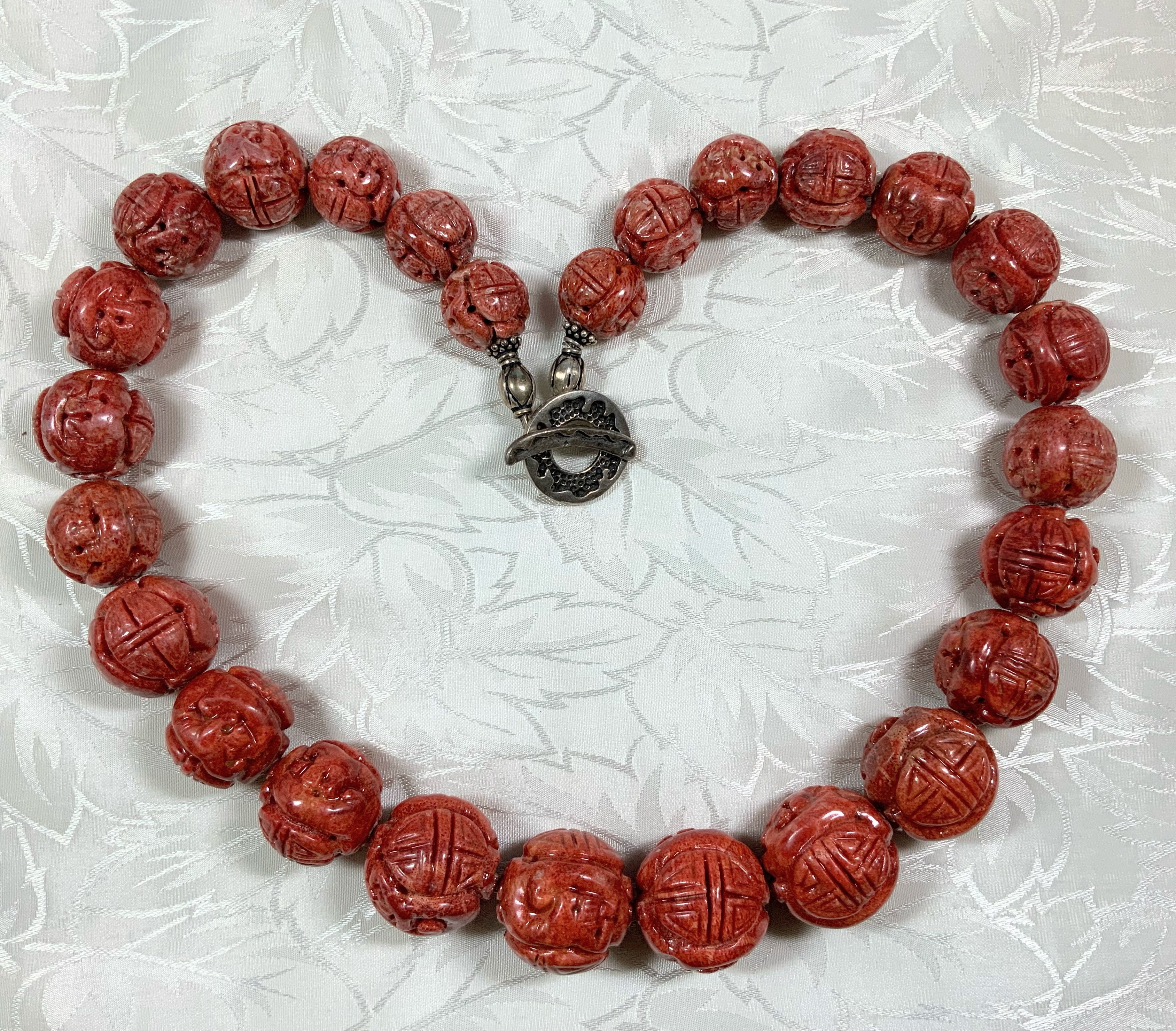 Carved Coral Graduated Necklace Sterling Silver Toggle