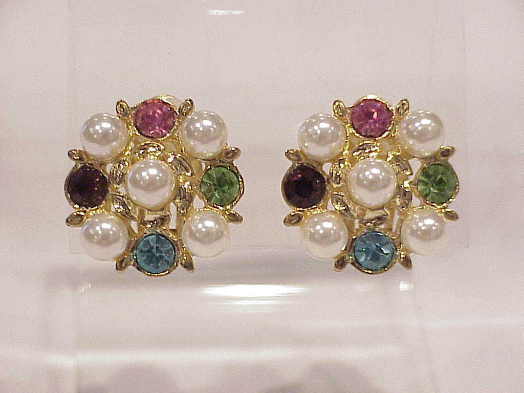 Gold Tone Faux Pearl And Multicolored Rhinestone Clip Earrings