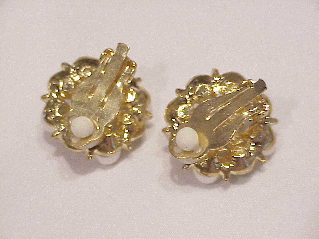 Gold Tone Faux Pearl And Multicolored Rhinestone Clip Earrings