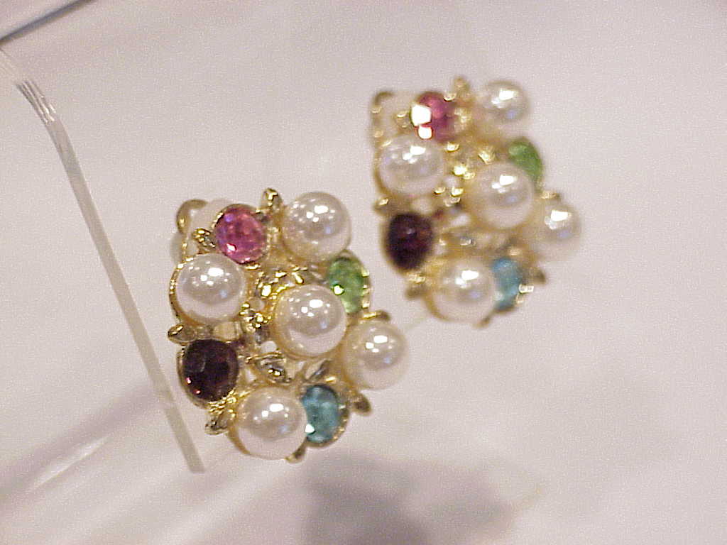 Gold Tone Faux Pearl And Multicolored Rhinestone Clip Earrings