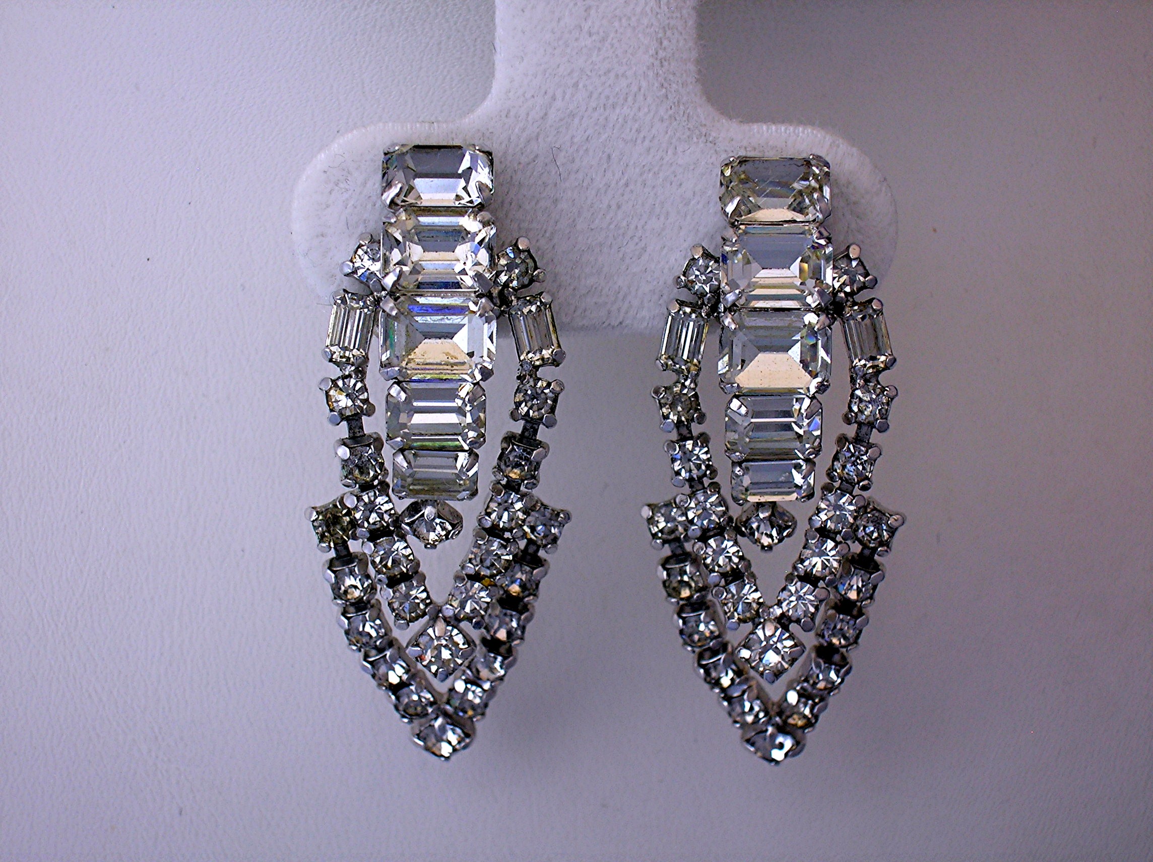Crystal and Silver Rhodium Dangle Clip Earrings