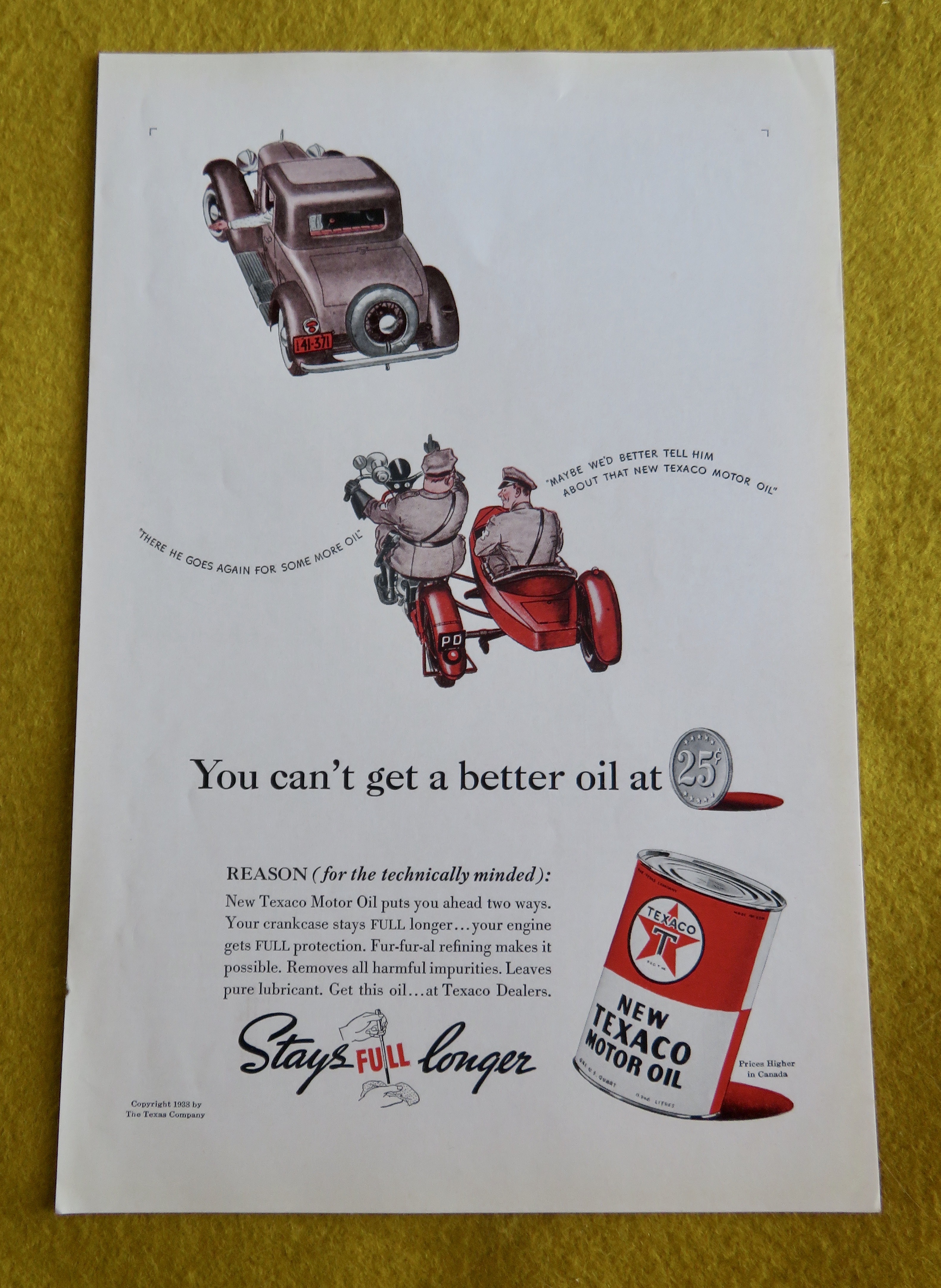 1938 Texaco Motor Oil with Cops Pulling Over a Car