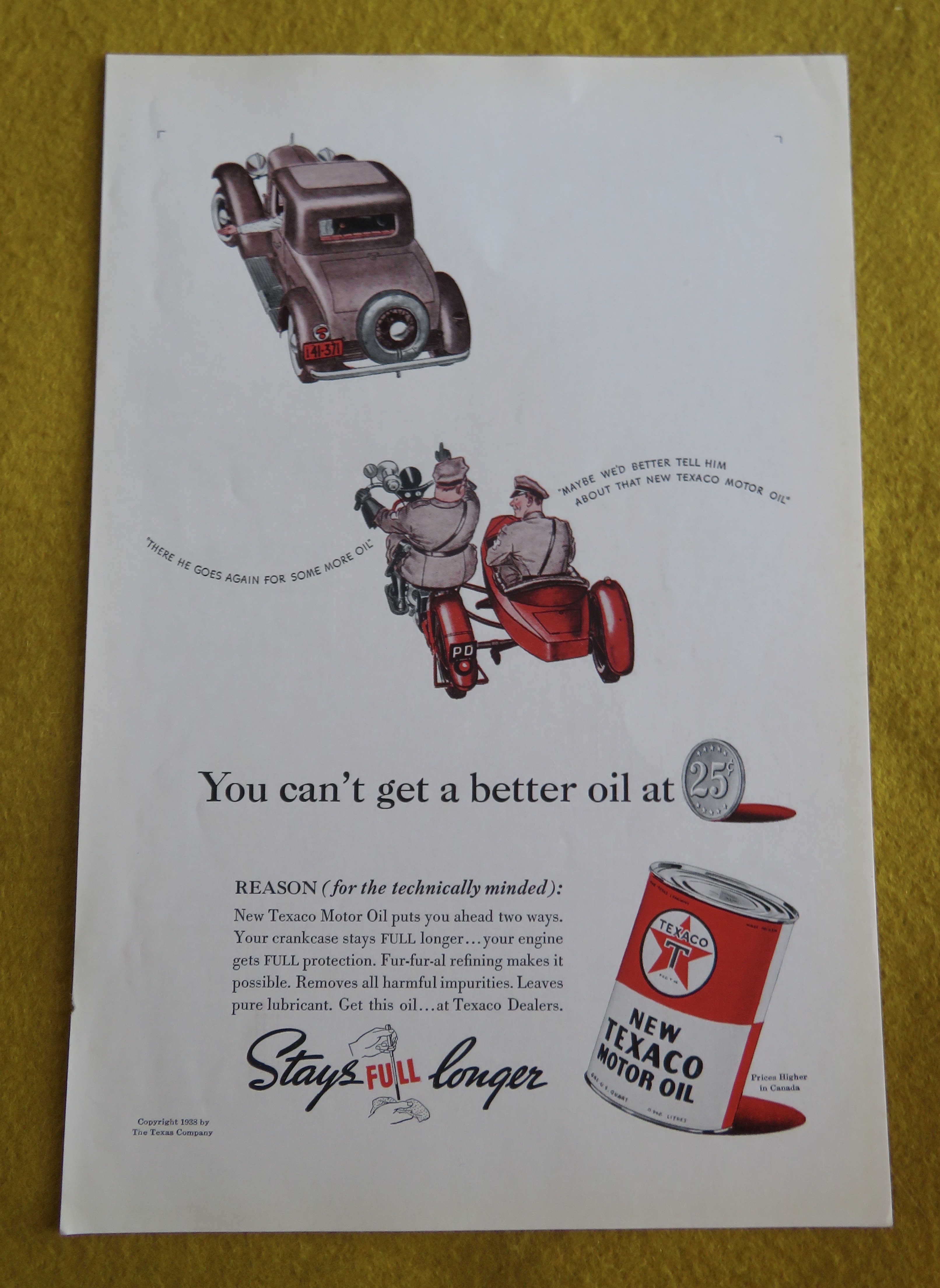 1938 Texaco Motor Oil with Cops Pulling Over a Car