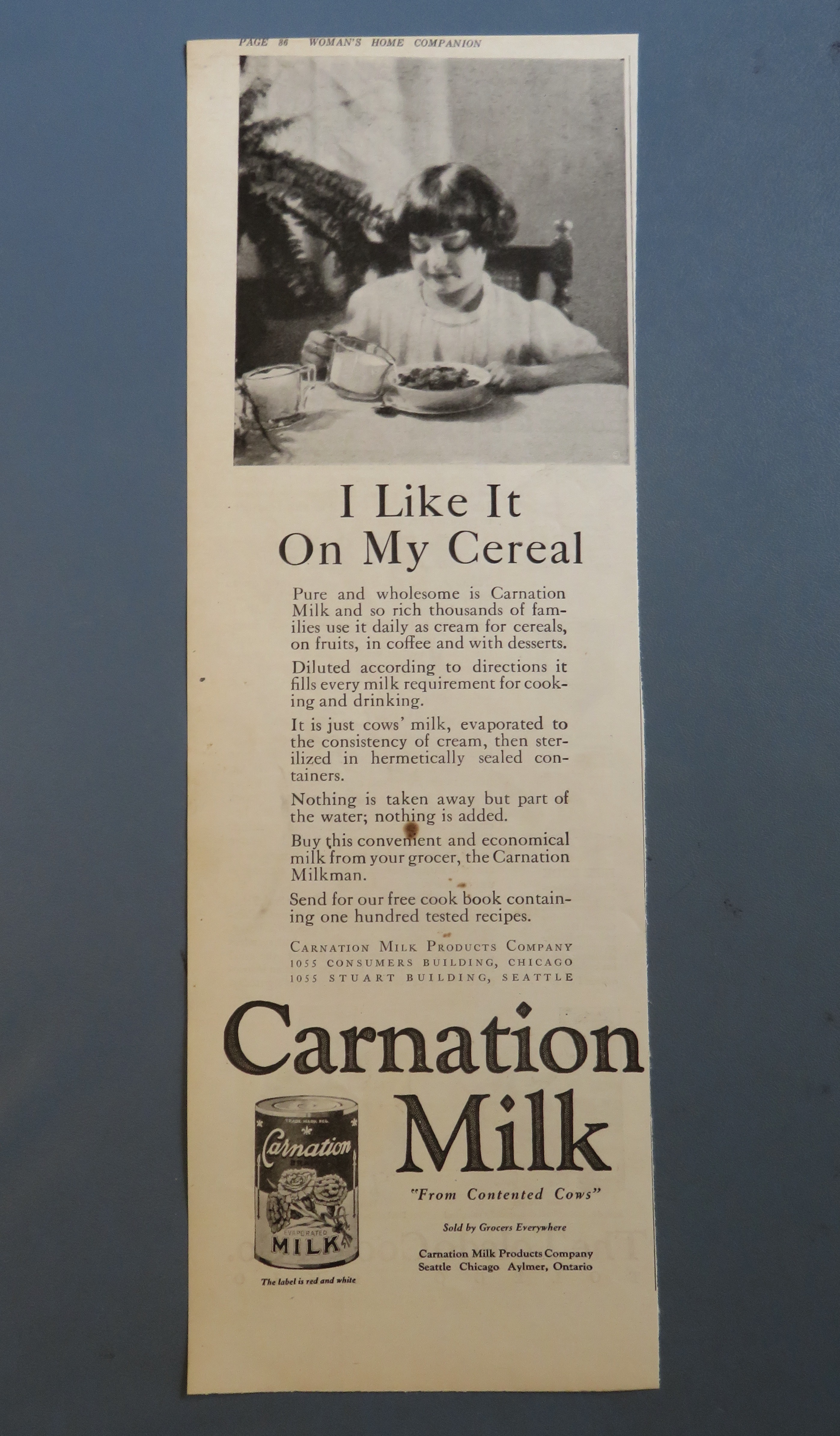 1920 Carnation Milk with Girl Pouring Over Cereal