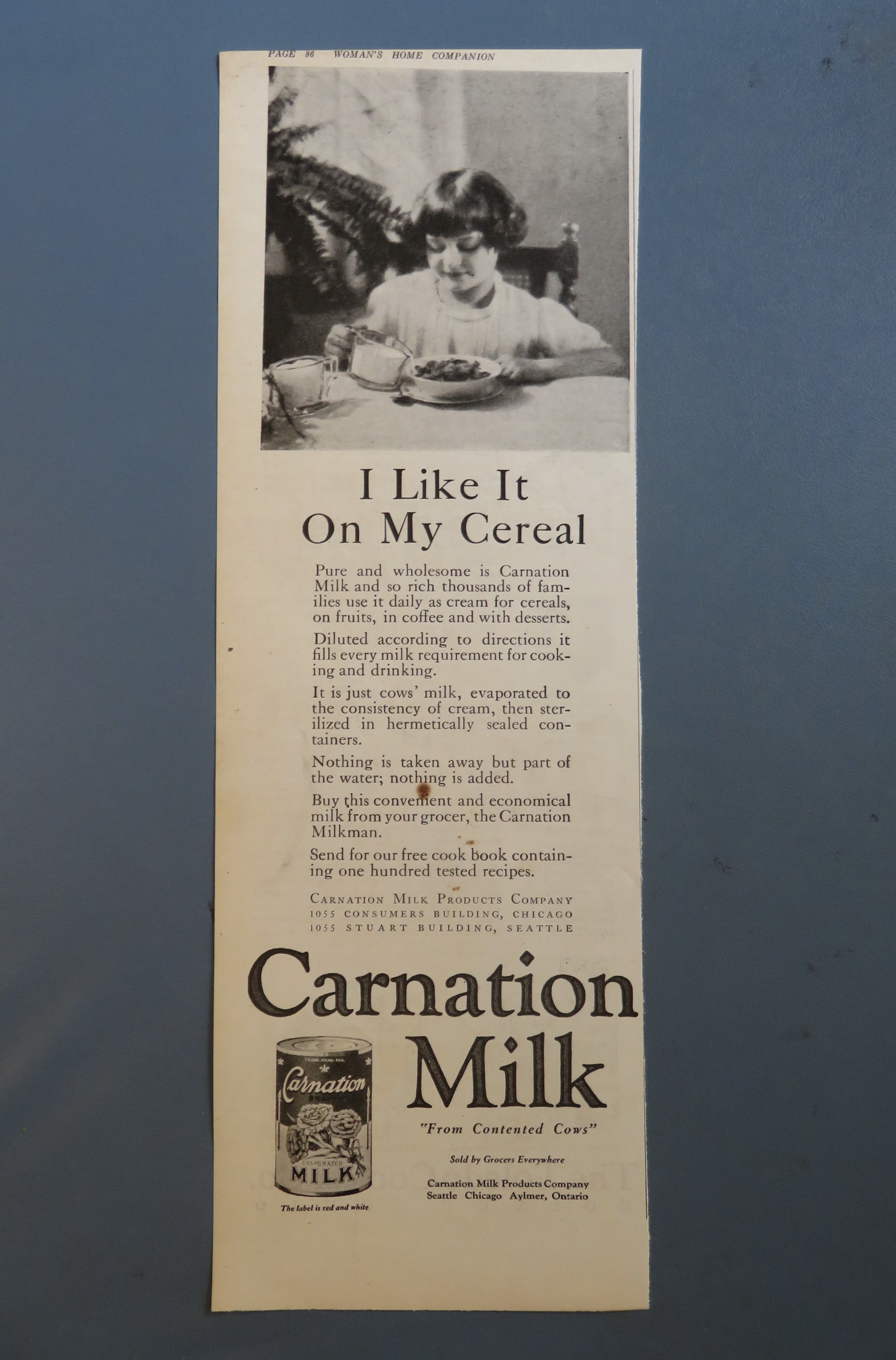 1920 Carnation Milk with Girl Pouring Over Cereal
