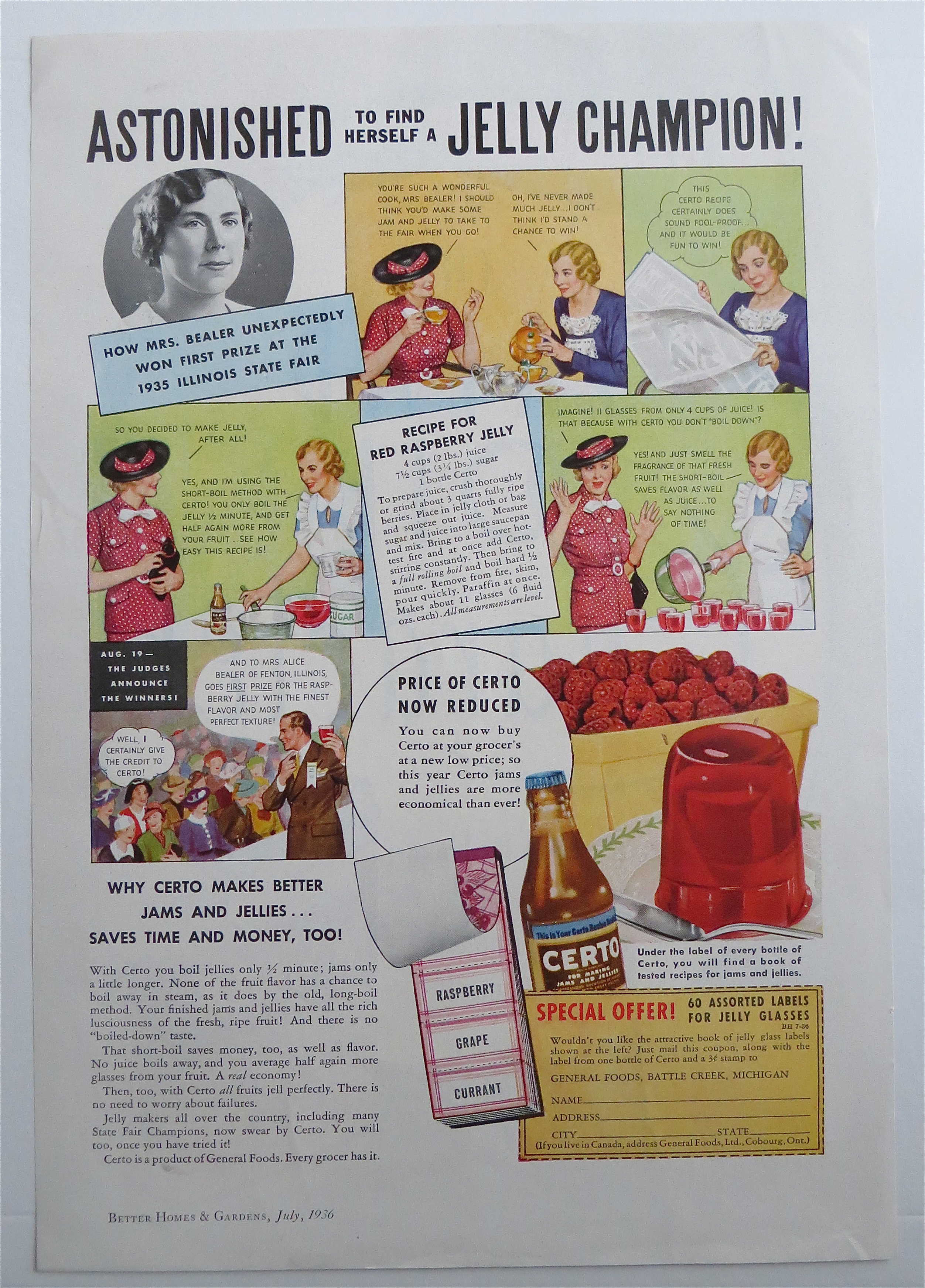 1936 Certo For Making Jam & Jelly w Red Raspberry Jelly
