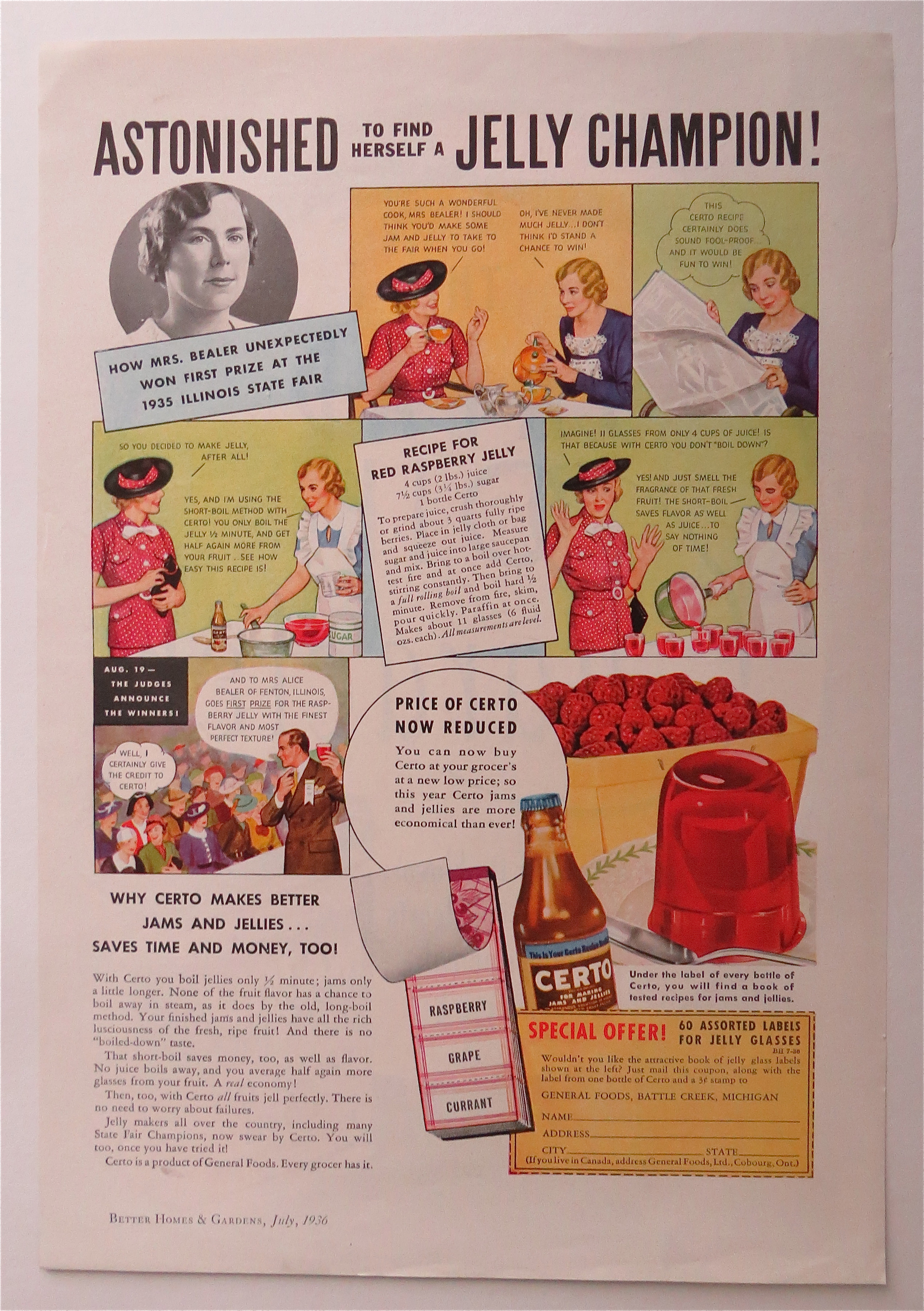 1936 Certo For Making Jam & Jelly w Red Raspberry Jelly