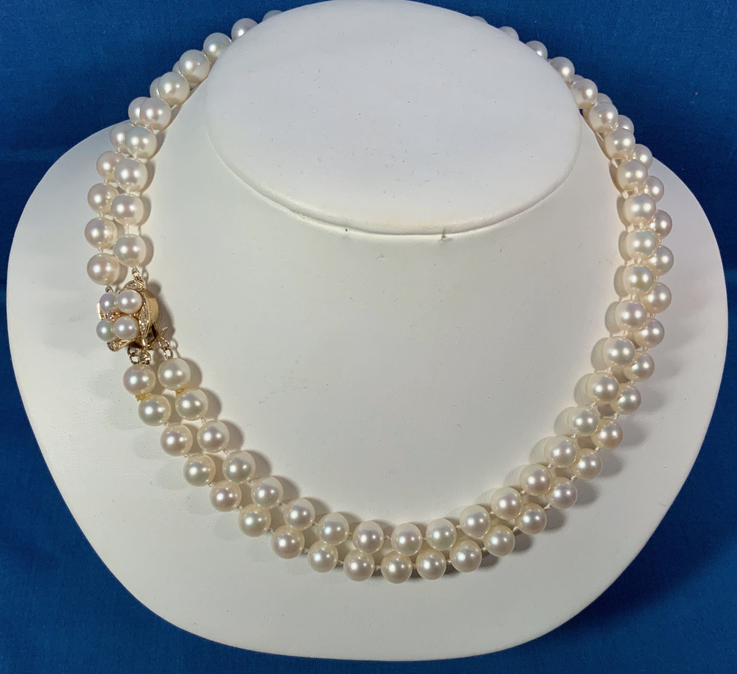 14K Yellow Gold Diamond Pearls Clasp 2 Row Cultured Pea