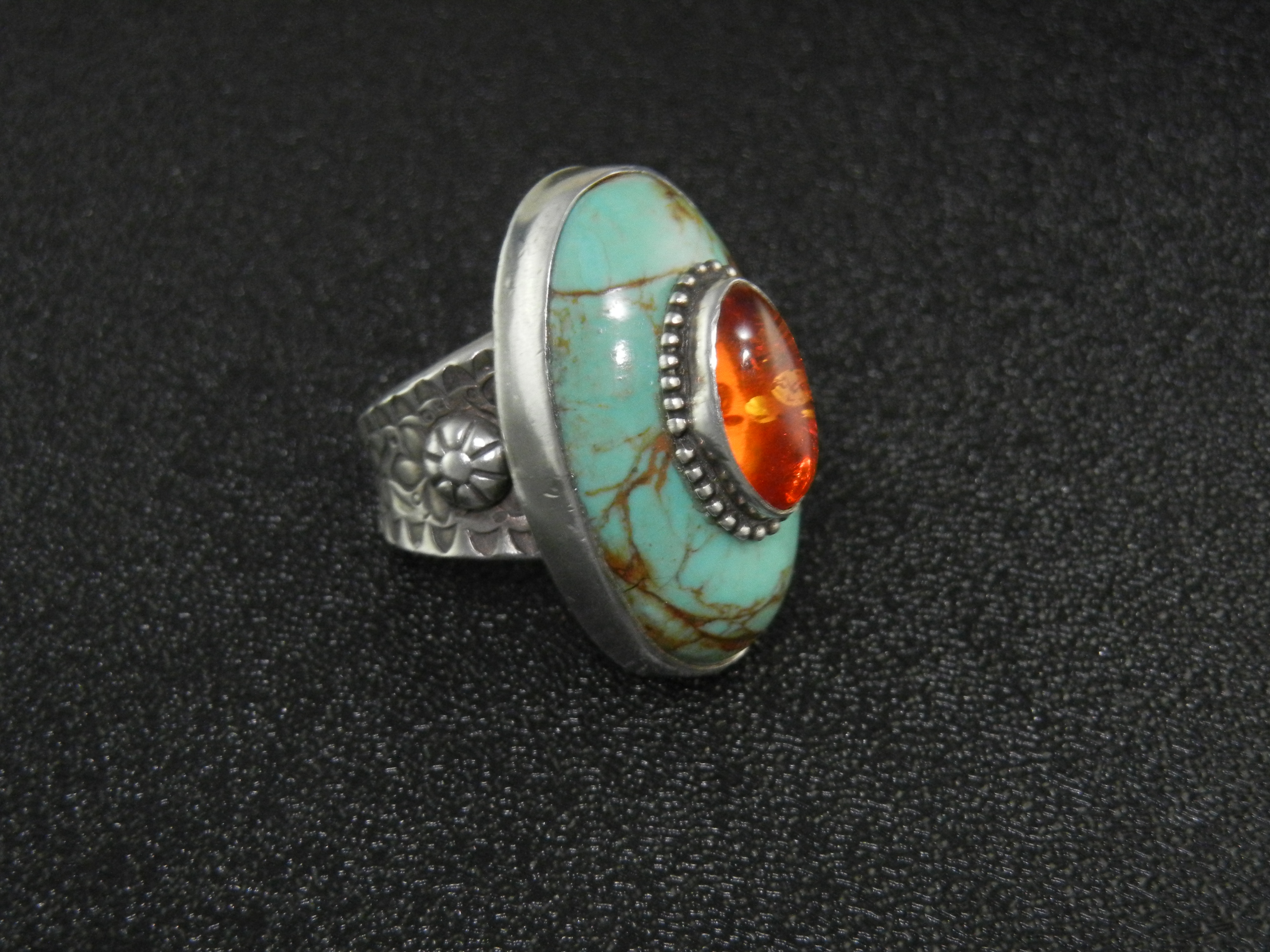 David Troutman Sterling Silver Turquoise Amber Ring
