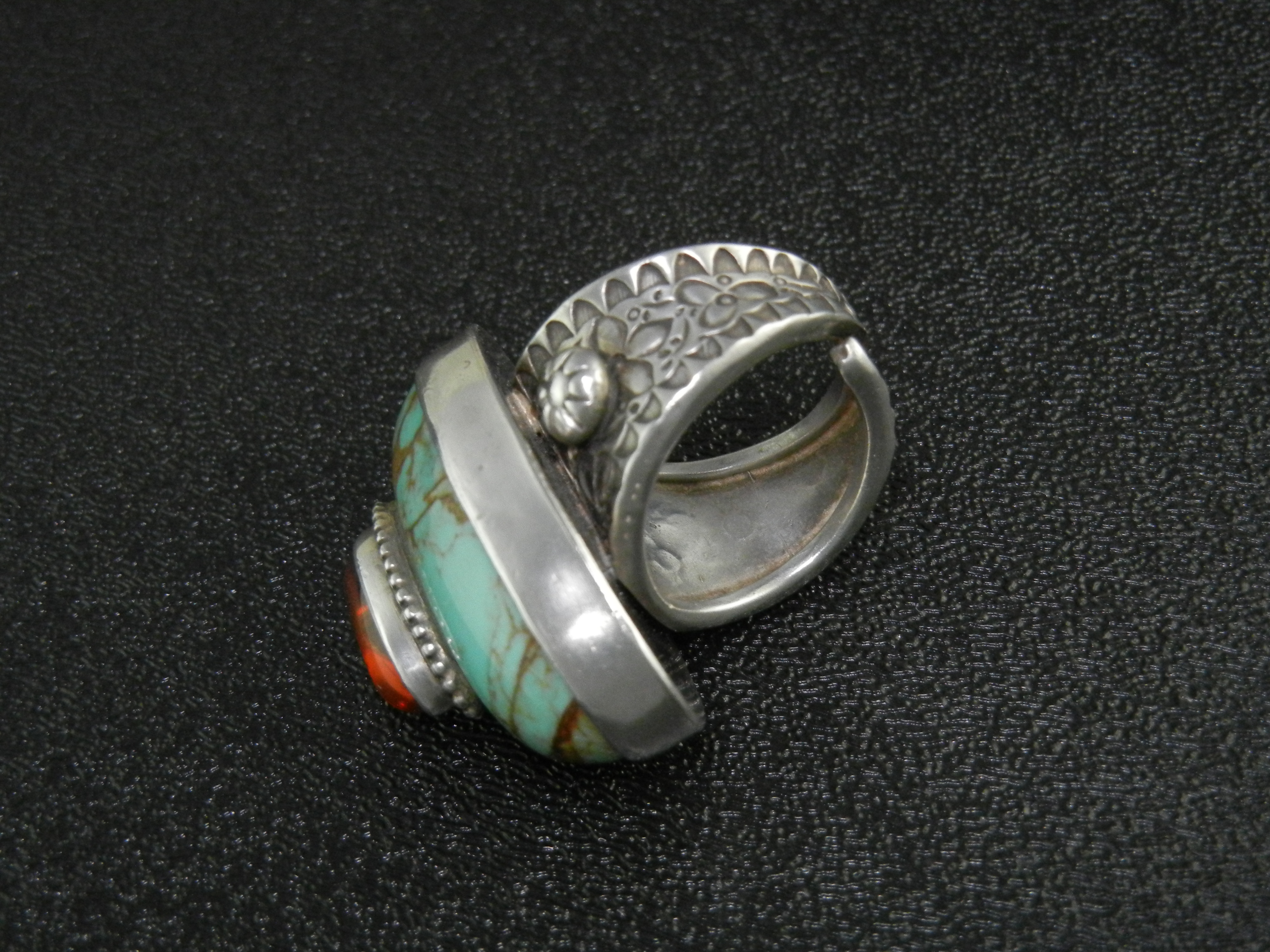 David Troutman Sterling Silver Turquoise Amber Ring