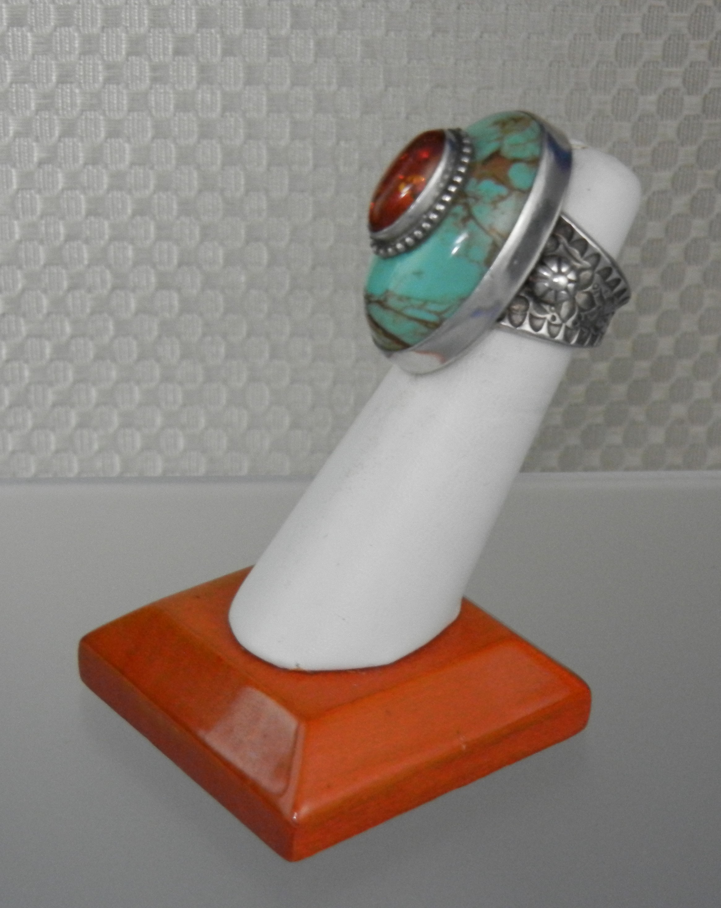 David Troutman Sterling Silver Turquoise Amber Ring