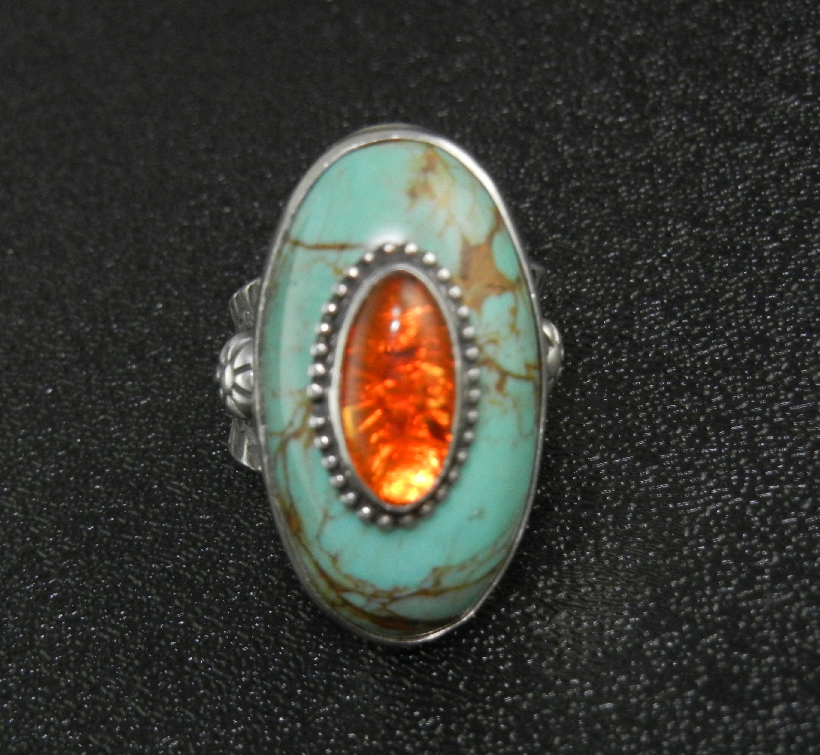 David Troutman Sterling Silver Turquoise Amber Ring
