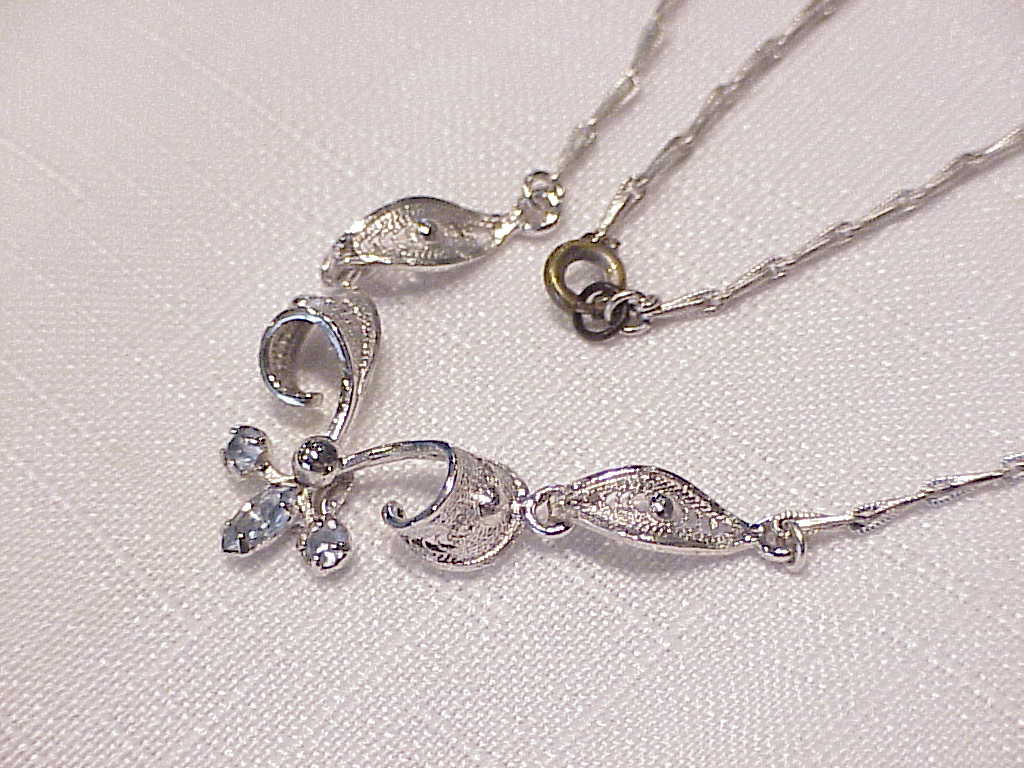 Vintage Espo Sterling Silver Filigree Blue Rhinestone Necklace
