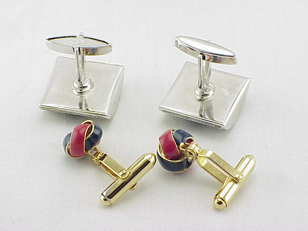 2 Pairs Of Cufflinks - Gold Tone With Enamel, Silver With Black Onyx