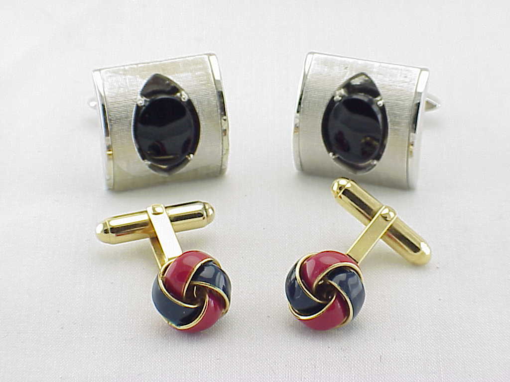 2 Pairs Of Cufflinks - Gold Tone With Enamel, Silver With Black Onyx