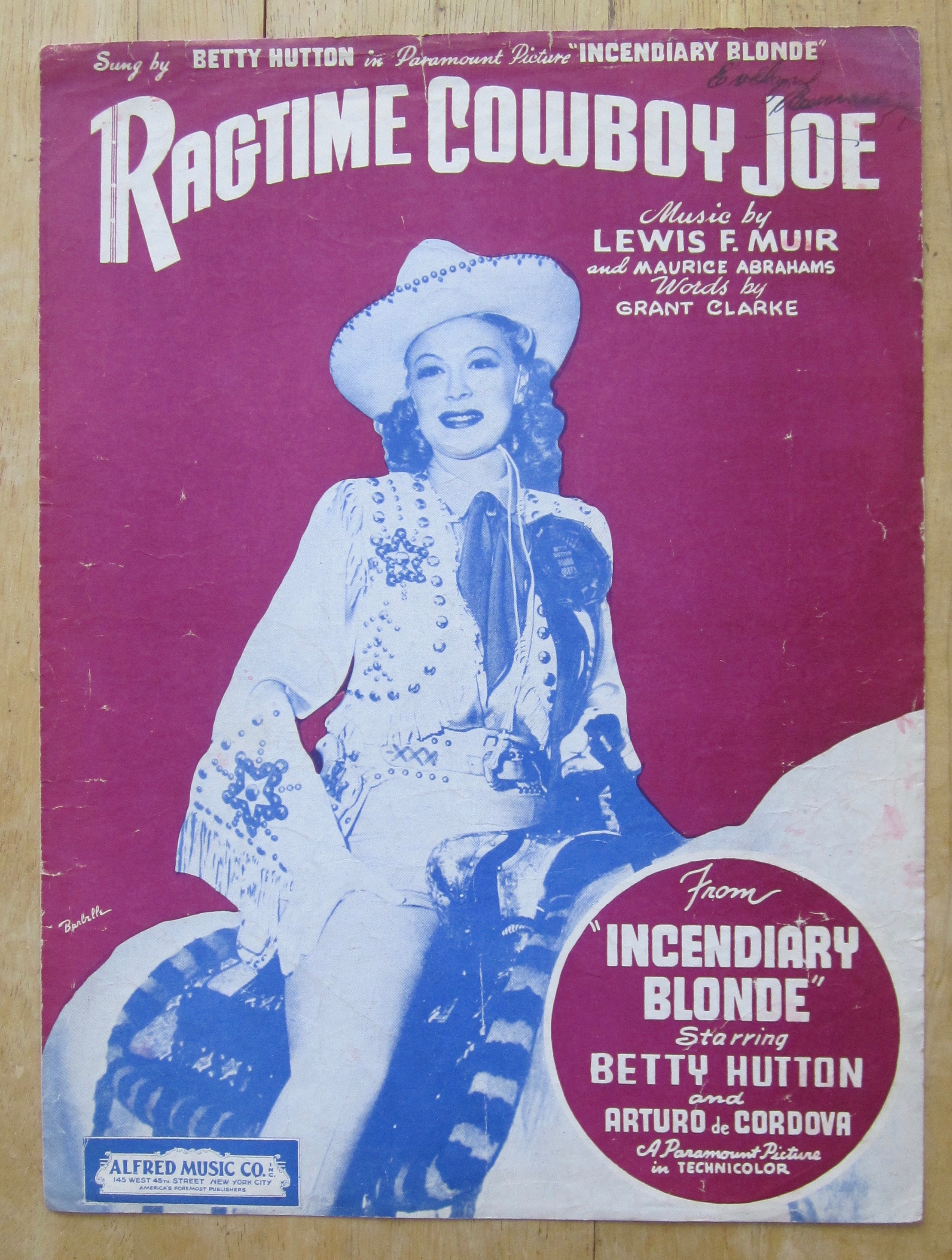 1942 Sheet Music For Ragtime Cowboy Joe (Betty Hutton)