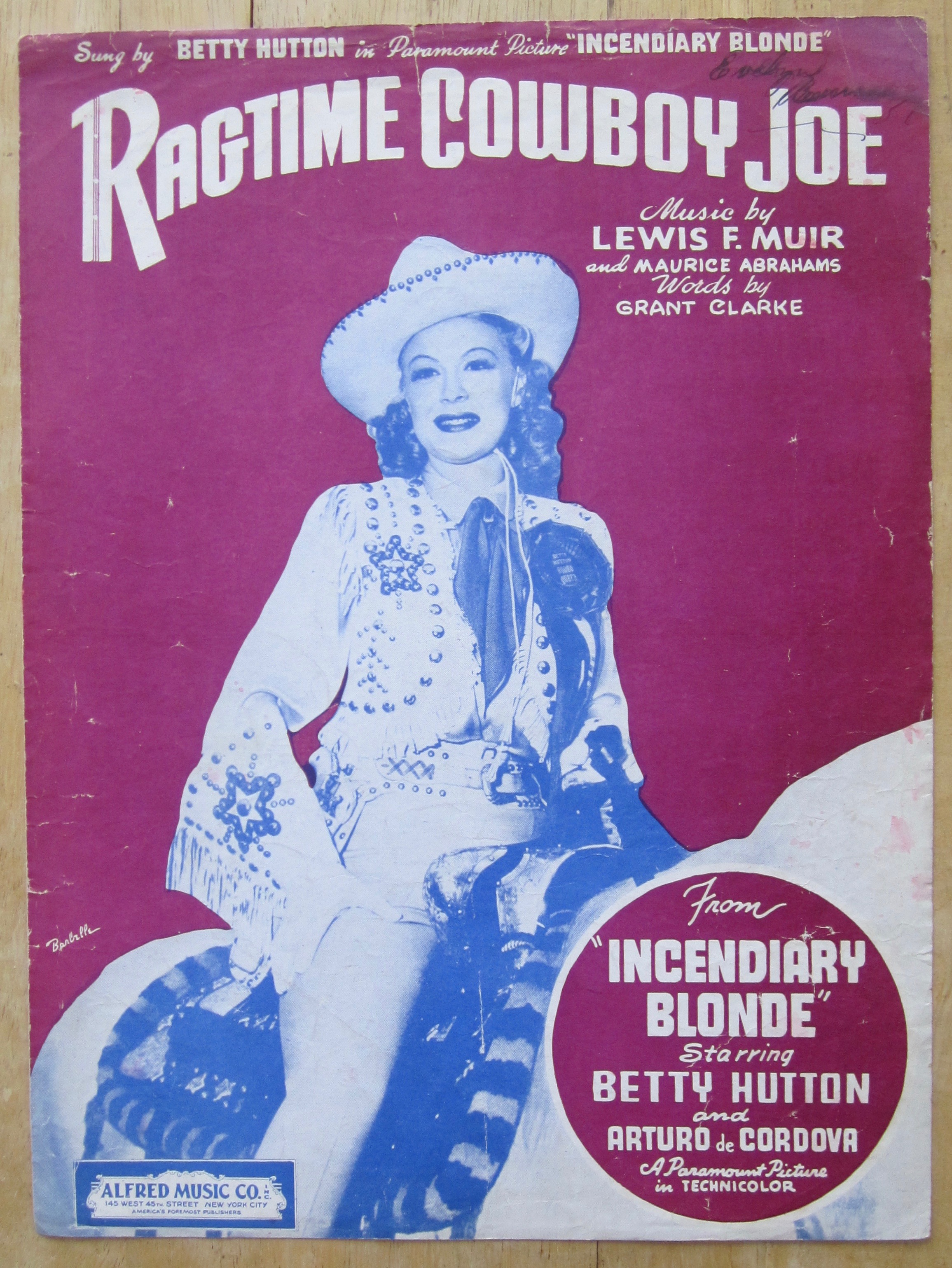 1942 Sheet Music For Ragtime Cowboy Joe (Betty Hutton)