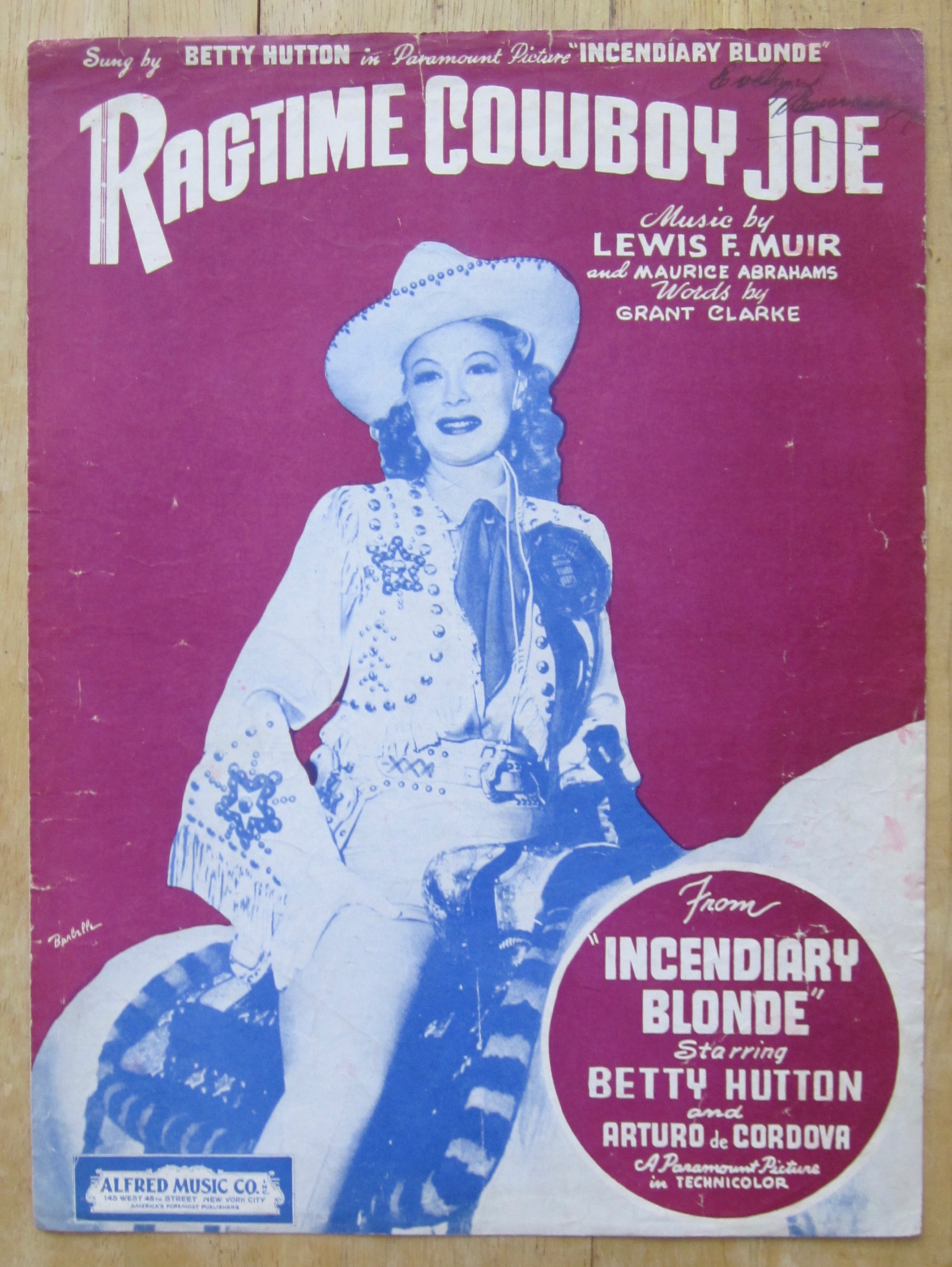 1942 Sheet Music For Ragtime Cowboy Joe (Betty Hutton)