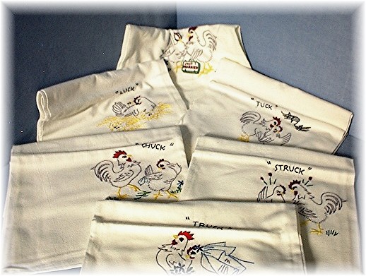 6 Hand Embroidered Chicken Floursack Kitchen
